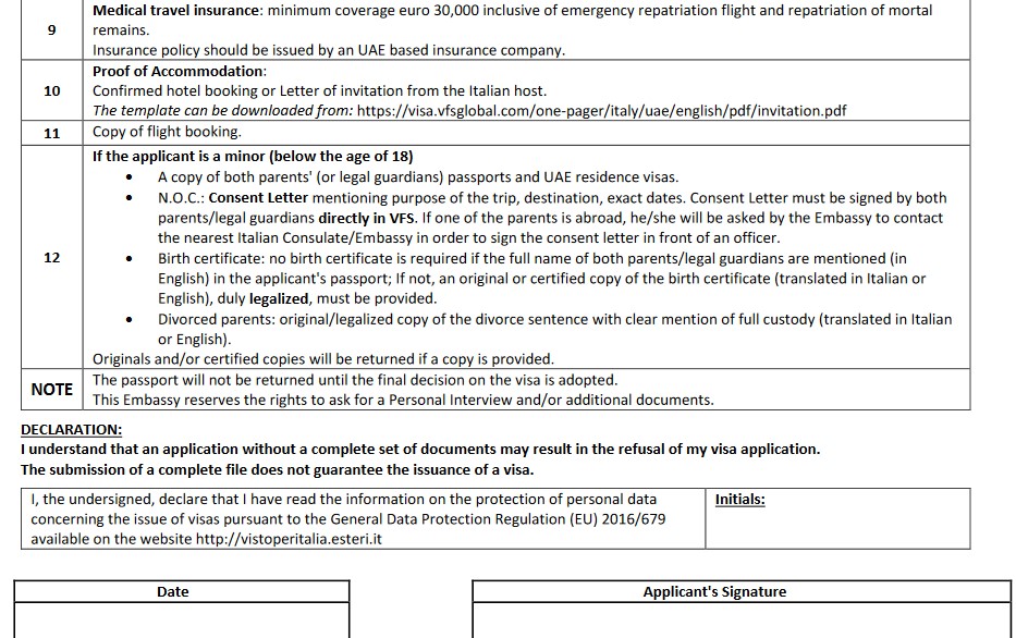 vfs italy dubai appointment, cost and visa italy requirements